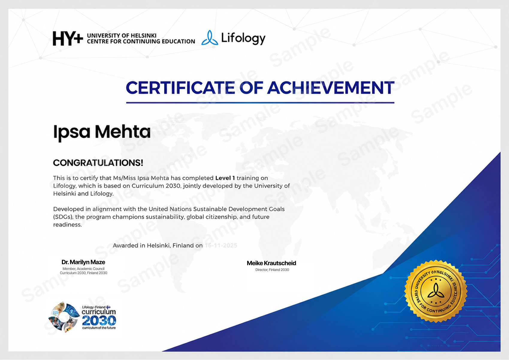 Finland 2030 Lifology programme certificate