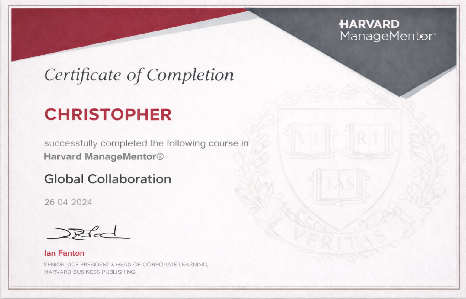 Harvard ManageMentor certificate